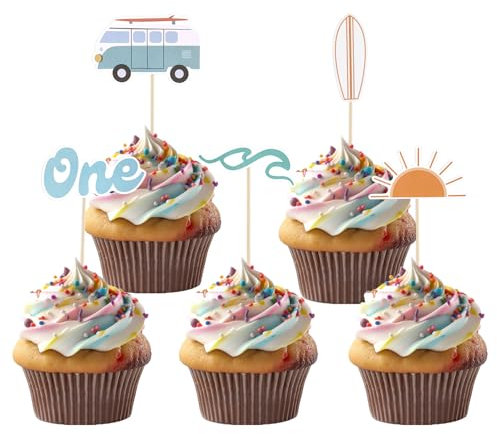 25pcs Wave Surf Cake Topper, 5 Styles The Big One Cupcake Topper Sun Car Surfboard Wave First 1st Birthday Party Decoration Cake Photo Props for Birthday Summer Theme Party
