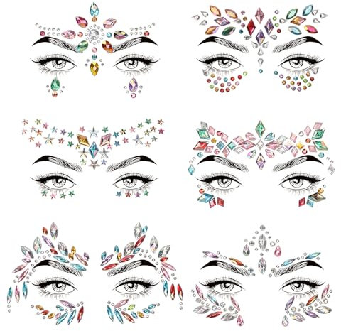 OWill pegatinas brillantes cara 6 Kits,pegatinas cara de gemas,brillantes para la cara,Gemas faciales adhesivas catrina para festival,bar,carnaval y Halloween(color)