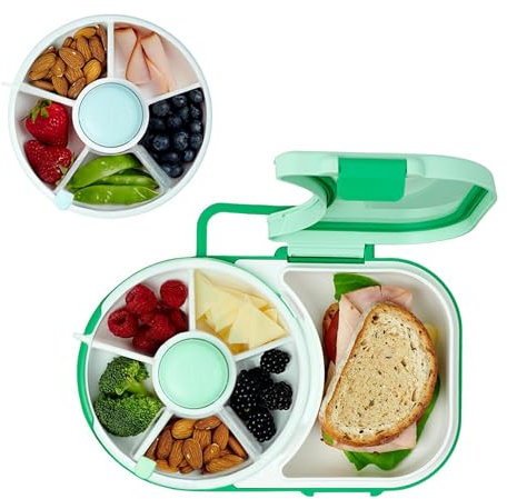 Kinder Snackbox mit Fächern und Deckel, Multifunktionale Baby Snack Spinner mit Tragbarem Box Set, Sicher Versiegelter Snackteller für Kleinkinder, Zuhause (Green)