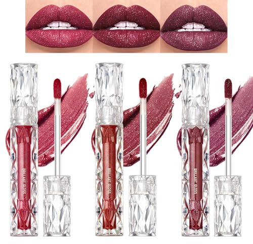 Set di 3 rossetti liquidi opachi con brillantini, resistenti e impermeabili, lucidalabbra metallizzati, lucidalabbra altamente pigmentate, consistenza setosa, formula idratante