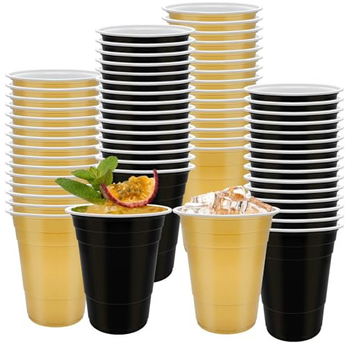 60 Pcs Black and Gold Plastic Cups- 16 oz Reusable Plastic Party Cup Sturdy Colored for Drinking Wedding Birthday Party Christmas