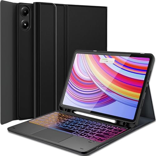Wineecy Redmi Pad Pro 12.1 Zoll 2024 Hülle mit Tastatur/für Xiaomi Poco Pad 12.1 2024, 3-Zonen 7-Farben Beleuchtung, Abnehmbare Magnetische Bluetooth QWERTZ Tastatur mit Touchpad, Pencil Halter