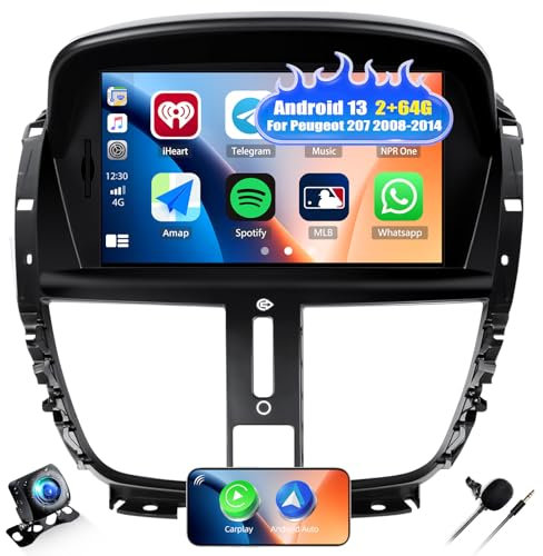 CAMECHO 7 Pouces 2+64G sans Fil Carplay Autoradio pour Peugeot 207 2008-2014, Android 13 HD Touchscreen Bluetooth Radio avec Android Auto WiFi FM/RDS GPS Mirror Link +Canbus Caméra de Recul