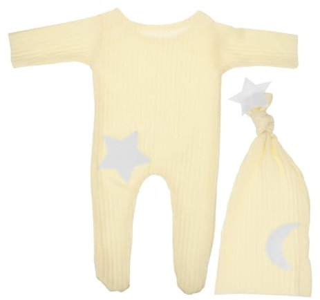 Neugeborenenanzug Stern Mond Strick mit Langschwanzmütze | Fotografie Requisite für Babyfotos und Party, Zwei Stück, in Gänsegelb