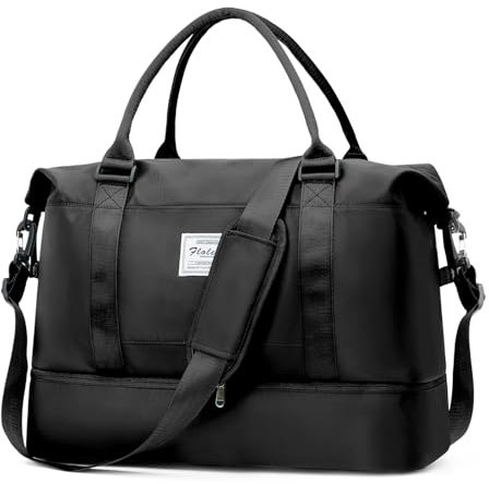 Large Weekend Overnight Bag Carry on Holdall for Women Travel Duffel Sport Gym Tote Mum Hospital Bags with Shoe Compartment 50L,A07-Black