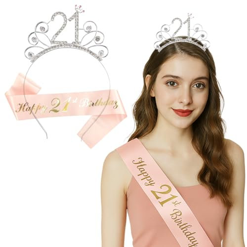 21. Geburtstag Krone Schärpe, 21 Geburtstag Frauen Deko Schärpe und Tiara, Rose Gold 21. Geburtstag Geschenke Krone für Birthday Party, für 21 Geburtstag Deko Geschenk und Frauen Party Accessoires
