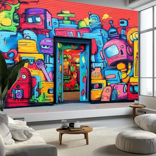 Fototapete Street Art Cartoon Graffiti Tapete 200 x 140 cm (B x H), Farbig Tapeten Vliestapete, Modern Wandtapete Wohnzimmer Schlafzimmer Kinderzimmer Wanddeko Motivtapeten Fototapete