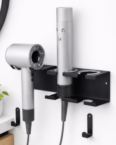 BANJEKT Föhn Halterung, 3in1 Fönhalter Ohne Bohren für Bad, Föhn und Glätteisen Halterung Wandmontage Haartrockner Halterung Metall Halterung Föhn für Badezimmer, Schwarz