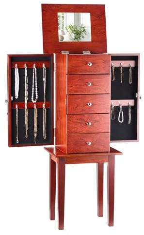 VEVOR Jewelry Cabinet Armoire, Standing Wood Jewelry Storage Chest with 4 Spacious Drawers, Flip Top Mirror, 4 Top Storage Compartments, Zinc Alloy Handles, 2 Side Doors with 16 Necklace Hooks