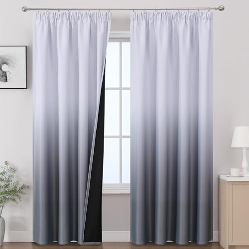 VEHEDE Grau und Weiß Blackout Vorhänge für Schlafzimmer, Wärmeisolierte volle Raum Verdunkelung Ombre Vorhang für Wohnzimmer mit Kräuselband, 2er Set 214cm Länge Gardinen Curtain, H214 x B132 cm