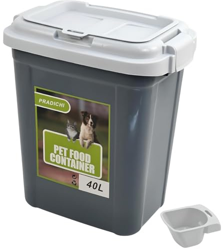 PRADICHI Pet Food Storage Container with Flip-Top Locking Lid & Integrated Scoop – Airtight Plastic Bin for Dog, Cat, Bird & Animal Dry Food – 15kg Capacity – 20L / 30L / 40L (Grey, 40 L)