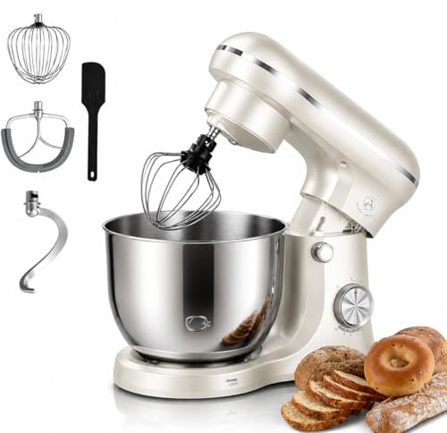 Royal Swiss® Robot Pâtissier 5L – 1500W – 10 Vitesses + Fonction Pulse | Mouvement Planétaire 360° | Bol Inox & Couvercle Anti-Éclaboussures | Silencieux – Couleur Menthe Élégante (Crème, 5L)