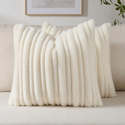 FUTEI Set of 2 Fluffy Faux Rabbit Fur Cushion Covers 45x45 cm,Cream White | Double-Sided Thick and Thin Striped Textured Design,Side Hidden Zipper,Machine Washable,Non-Shedding,Colorfast,No Filling.