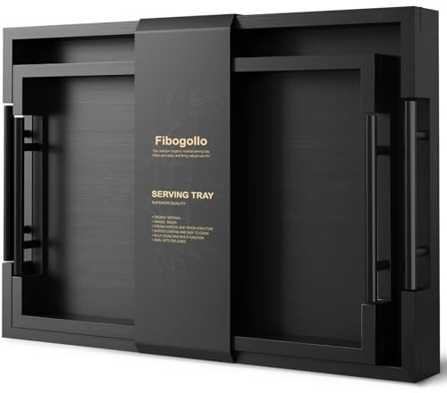 Fibogollo 2er Set Bambus Serviertablett mit Metallgriff,Rechteckig Tablett Frühstückstablett,Deko Ottoman-Tablett für Frühstück Geschirr Getränke(Schwarz)