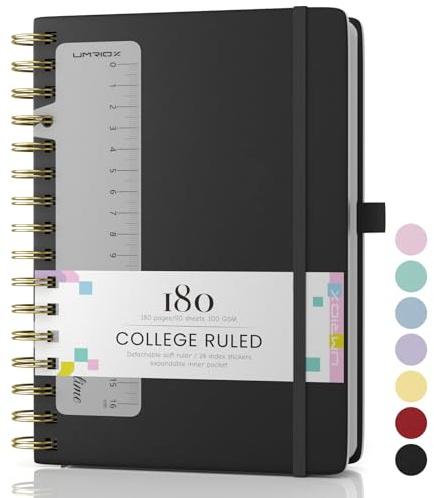 Notizbuch A5,Hardcover Spiral Journal,100g/m² Papier,180 Seiten-Schwarz | Tintenfestes Papier,Index Tabs,Erweiterbare Taschen,Elastische Bänd,Stiftschlaufe,Lineal,Tagebuch für Erwachsene,14.5 x21cm