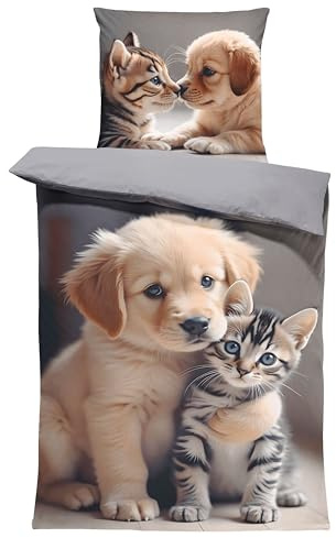 one-home Bettwäsche 135x200 cm Hunde Katzen Welpen grau Biber Winter Flanell Baumwolle