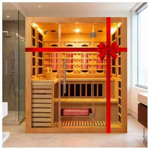 amocane - Sauna a infrarossi e vapore a doppio sistema per 4-6 persone, sauna ibrida in legno con riscaldatore, saune tradizionali interne con riscaldatori e stufa per sauna, altoparlante, bar