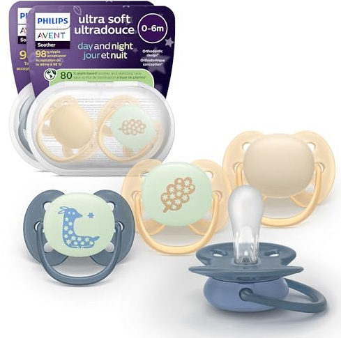 Philips Avent Ultra Soft Schnuller für Tag und Nacht – kiefergerecht, für Babys 6–18 Monate, leuchtet im Dunklen, symmetrische Form aus weichem Silikon, BPA-frei, 4er-Pack, SCF094/10