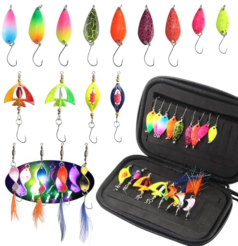 Sunyunze 17 Stück Forellen Angeln Spoon Set UV Aktiv Forellenköder | Forellen Blinker Angeln 1.5g/2.5g/3.5g/3.8g/4.2g Forelle Spinner Set Trout Angelzubehör mit Aufbewahrungsbox