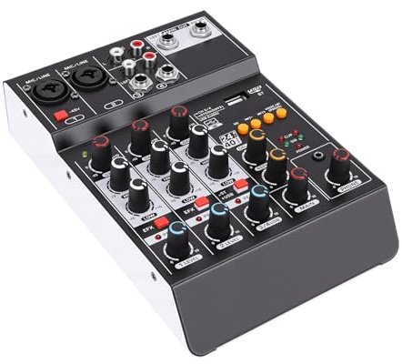 Plyisty Audiomischer, 4-Kanal-DJ-Mischer, 48-V-Phantomspeisung, USB-MP3-Bluetooth-Computereingang, für PC-Aufnahmen, Karaoke, Studio-Streaming, Podcasting