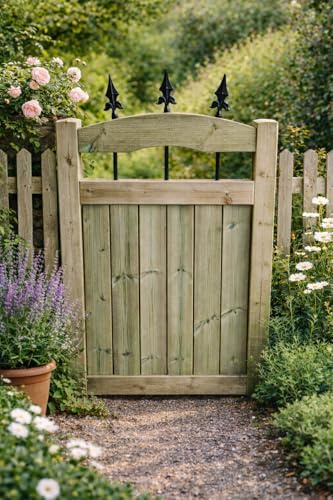 Wooden Garden Gate with Spikes Curved Top – Pressure Treated Outdoor Fence Gate with Metal Spindles (90cm Hight x 83cm Wide x 5cm Deep)