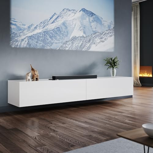 ELEGANT Floating TV Stand Cabinet Unit with Hinge LED Sensor Light, High Gloss White TV Cabinet with Large Storage Shelves, Modern Wall Mounted TV Cabinets for Living Room, Bedroom 2000x400x300mm