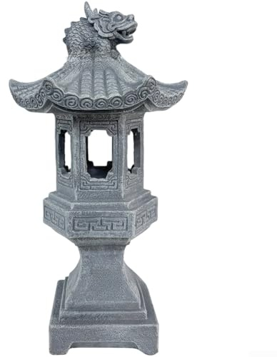 Solarlampe Pagode Gartenlampe 10x10x32cm Harz Zen Außenleuchte mit Steinstruktur IP44 Wasserdicht Automatische Dämmerung bis Morgendämmerung Beleuchtung für Innenhöfe, Terrasse & Rasen (A)