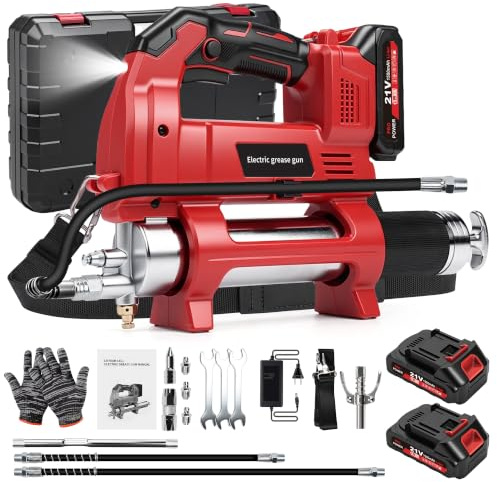 12.000PSI Pompe a Graisse Electrique avec 2 x 1.5 Ah Batteries, 3 Embout | Moteur Brushless, Tuyau de 1m, 600CC Pistolet à Graisse Sans Fil 21V pour Équipements Lourds