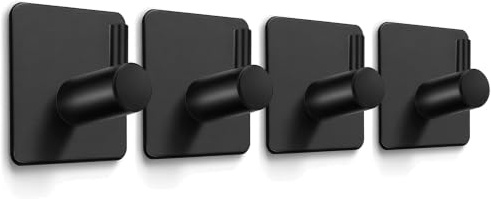 The Bog Standard 4 Pack Matt Black Self Adhesive Wall Hooks Stainless Steel | Heavy Duty, No Nails, Bathroom Towel Hooks, Kitchen Door Hanger, Stick On, Strong Adhesive