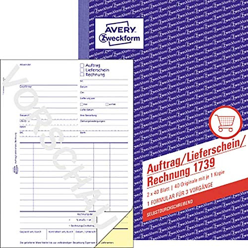 AVERY Zweckform 1739 Auftrag/Lieferschein/Rechnung Kombinationsbuch (A5, 2x40 Blatt, selbstdurchschreibend mit farbigem Durchschlag, mit Unterschriftenfeld für Auftraggeber) weiß/gelb