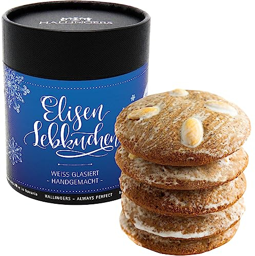 Hallingers Weiß Glasiert - 5 saftige Elisen-Lebkuchen hoher Kernanteil handgemacht in edler Papierdose (Dose) - Geschenkideen Weihnachten & Geschenke Adventskalender | Danke Silvester Neues Zuhause Ge