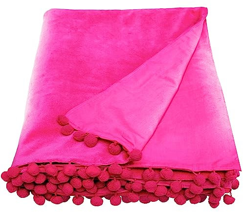 Ragged Rose 140 cm x 180 cm Throw Blanket - Pom Pom Throw Made of Cotton Velvet with Pompom Trims on Sides - Versatile Cotton Velvet Blanket for Sofa & Bed