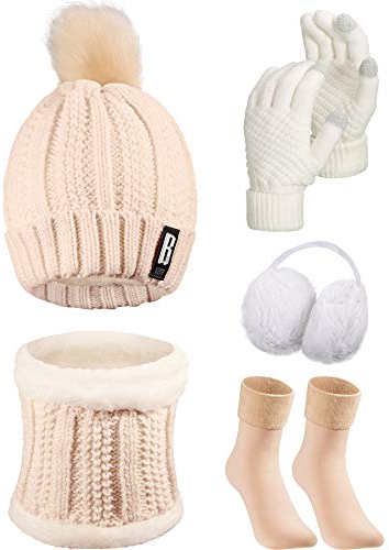 SATINIOR 5 Stück Damen Winter Ski Ausflug Set Strickmütze Schal Handschuhe Ohrenschützer Strümpfe (Beige, Khaki)