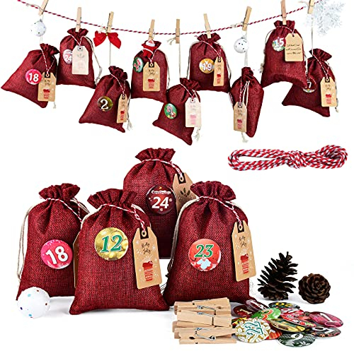Adventskalender zum Befüllen Groß (13x17cm), Weihnachtskalender Jutesäckchen Selberfüllen, 24 jutebeutel Kette zum selber befüllbar und Aufhängen, 2024 Geschenksäckchen für Kinder Männer Rot