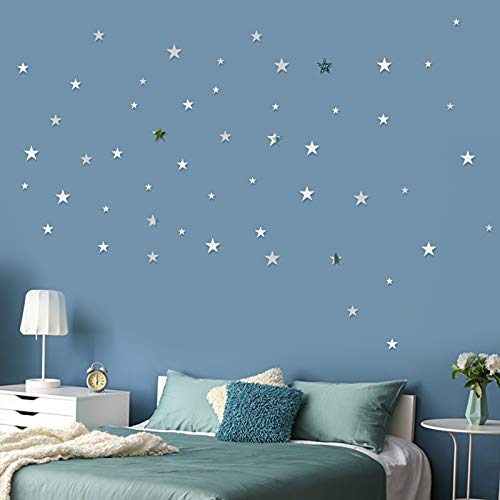 60 Stk Spiegelfliesen Wandaufkleber Sterne Selbstklebend Wandsticker 3d Spiegel Aufkleber Wandbilder Wand Dekoration für Wohnzimmer Badezimmer Schlafzimmer TV Hintergrund (Silber)