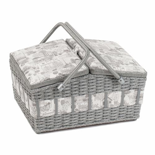 Hobby Gift Twin Lid Sewing Craft Hobby Storage Box, Wicker Basket Style, In the Garden
