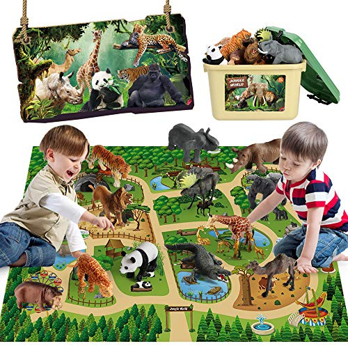 Mini Tudou Safari Animals Figures & 57x38.6'' Play Mat for Kids Toddler 3-5