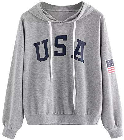 Damen Hoodie USA Brief Flagge Gedruckt Sweatshirt Langarm Kordelzug O Ausschnitt Pullover Lose Tops Bluse Shirts, grau, L