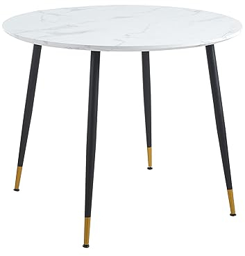 Hallowood Furniture Finley Esstisch mit Marmoreffekt, kleiner runder Tisch mit schwarzen Metallbeinen für Esszimmer, Frühstück, Kaffee, Küche, Heimbüro und Café, 100 cm