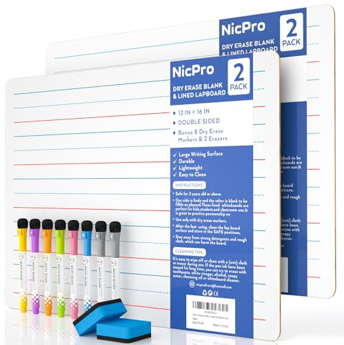 Nicpro Trocken abwischbares Lapboard 30.5x40.6 cm, 2 Stück, liniert, doppelseitig, blanko und liniert, kleines Lapboard mit 8 Stiften, Lern-Mini-Whiteboard, tragbar für Schüler und Klassenzimmer