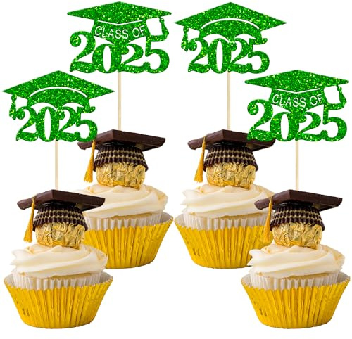 Gyufise 24 Stück 2022 Grad Cap Graduation Cupcake Topper mit Diplom Grün Glitter Klasse von 2022 Graduate Cupcake Picks Dekorationen für Abschlussfeier Party Mini Kuchen Dekorationen