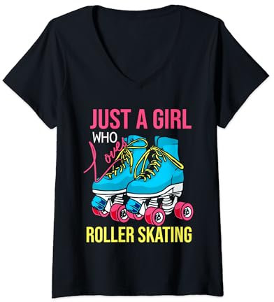 Damen Mädchen Rollschuhe Set Rollerblade Schuhe Mädchen Outfit T-Shirt mit V-Ausschnitt