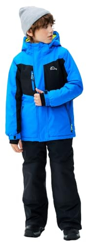 SMONTY Tuta da Neve per Ragazzi Giacca da Sci Invernali e Pantaloni Cinghie con Cappuccio Cappotto Set Impermeabile Antivento(Blu, 10-12)