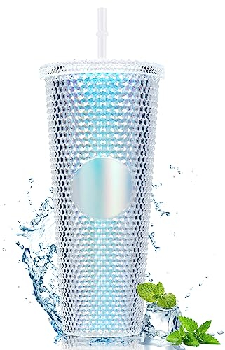 Joymaking Studded Tumbler with Straw and Lid, Double Walled Cold Cups, 24oz Studded Cup Plastic Cup Glitter Water Bottle Cups for Iced Coffee, Slush and Smoothies(Dazzling Color)