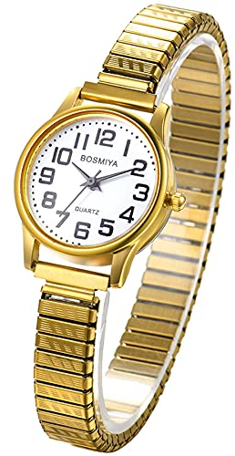 JewelryWe Damenuhr Elegant Analog Quarz Armbanduhr mit Elastisch Edelstahl Armband Stretchband Damen Lässige Uhr Geschenk für Frauen Mädchen Gold