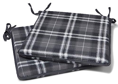 Charlotte Andersen Set of 2 GREY Highland Tartan Check Seat Pads Memory Foam Kitchen Dining Garden Chair Cushion With Ties Zipped Removable Covers (GREY, 2)