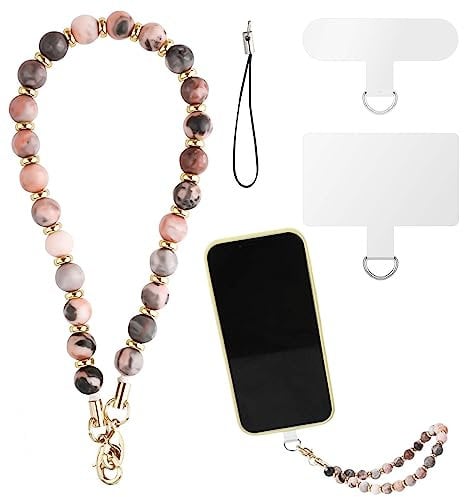 LUTER Dragonne de Téléphone Pierre Perlée, Dragonne de Lanière de Téléphone Portable avec 2 Onglets d'Attache Détachable Chaîne de Bracelet de Téléphone Perles pour Femmes Filles (Rose)