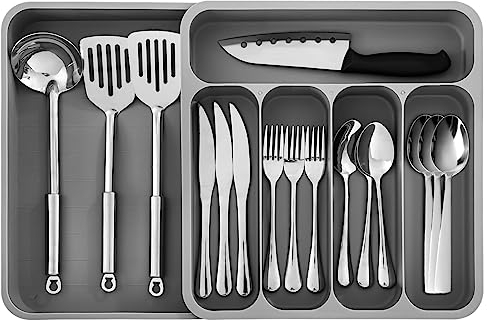 Yafe Expandable Kitchen Drawer Organiser - Adjustable Large Utensil Trays with 6 Compartments for Knife, Fork & More - Grey