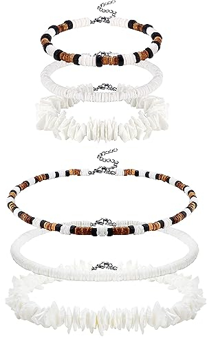 Kakonia 6-stück Muschel-Halskette & Armband-Set für Männer - Muschel-Perlen-Halskette & Puka Shell Choker mit passendem Armband - Hawaiian Sommer Strand Schmuck