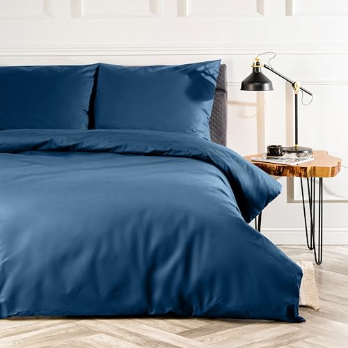 VelvetHome Deluxe Bettwäsche 155x220 Baumwolle Bettbezug 155x220 cm mit Kissenbezug 80x80 cm Hohe Qualität Bettwäsche-Set mit Reißverschluss 100% Baumwolle Made in EU Dunkelblau 155 x 220